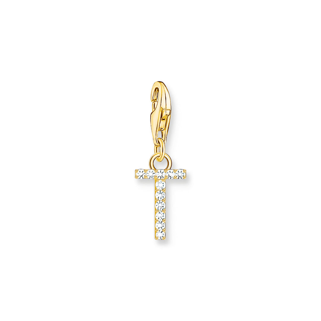Thomas Sabo Charm-Anhänger Buchstabe T mit Weissen Steinen Vergoldet - 1983-414-14