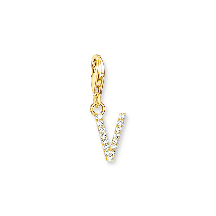 Thomas Sabo Charm-Anhänger Buchstabe V mit Weissen Steinen Vergoldet - 1985-414-14