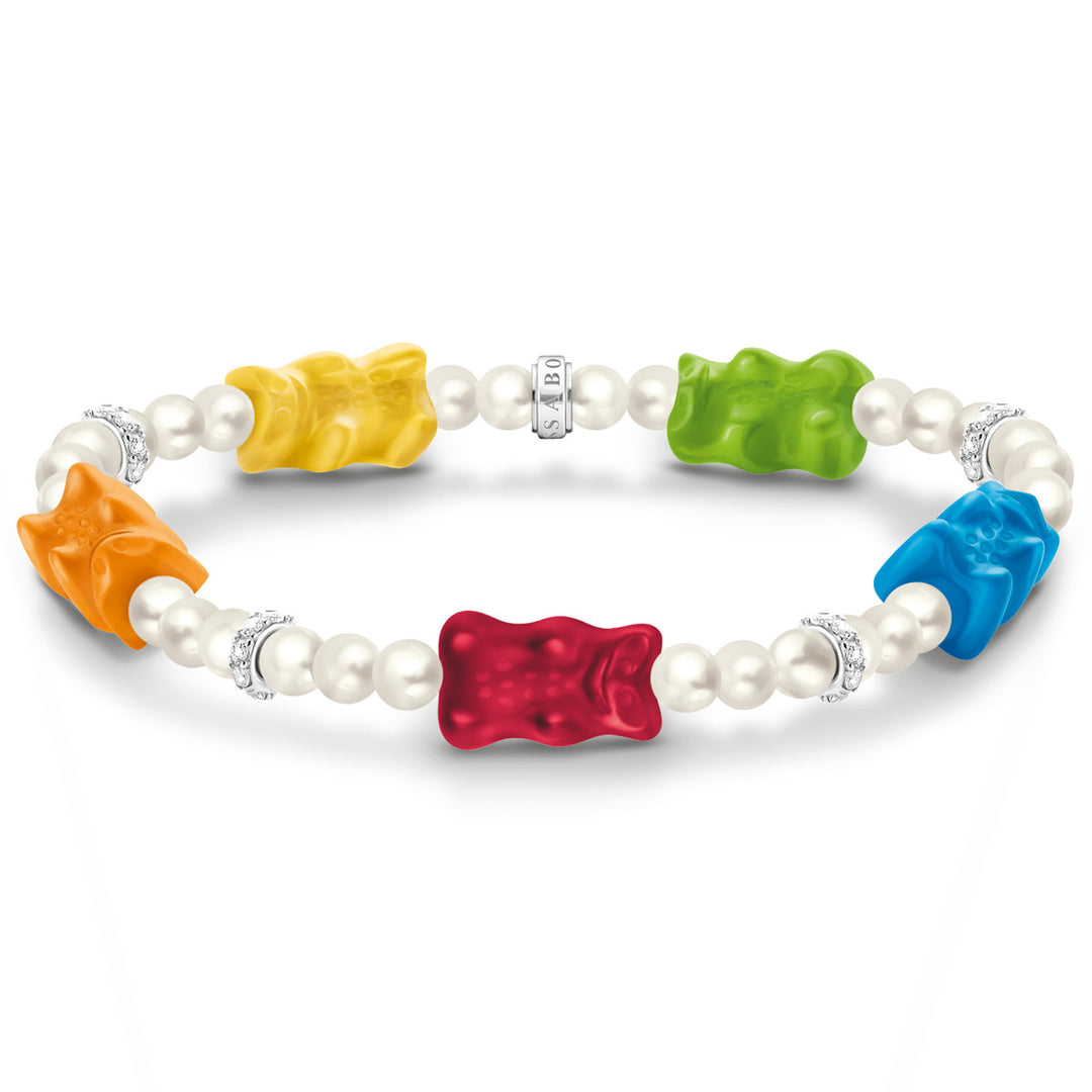 Thomas Sabo Perlenarmband mit 5 bunten Goldbären Silber - A2153-052-7