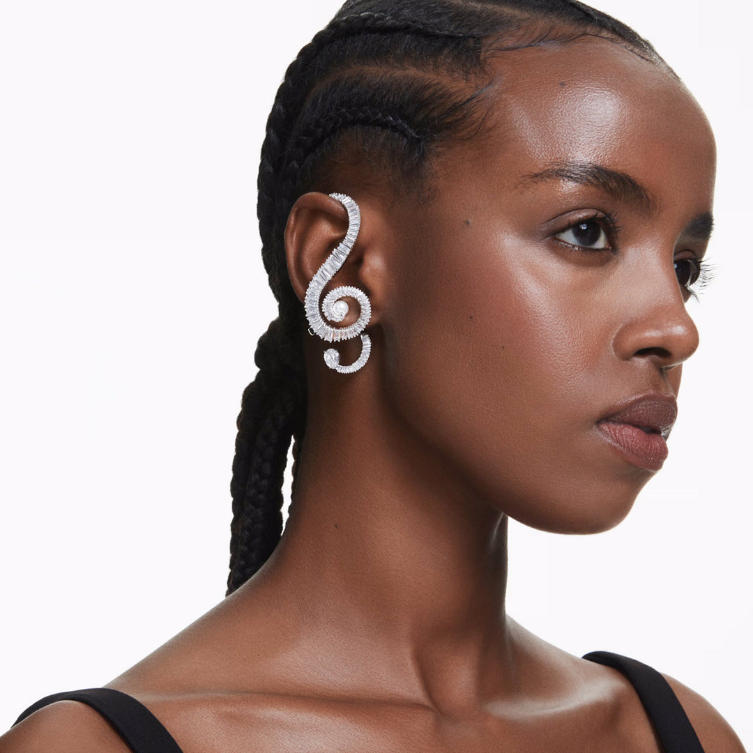 Swarovski x Ariana Grande Ohrclips Asymmetrisches Design Kristallperle Baguette Schliff Weiss Rhodiniert - 5720866