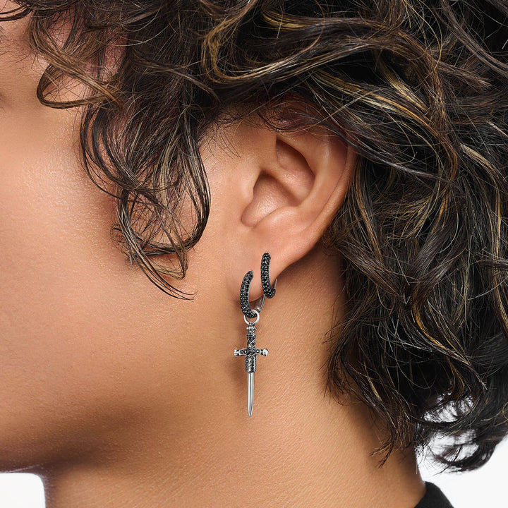 Thomas Sabo Einzel Creole Schwert mit schwarzen Steinen Silber geschwärzt - CR736-643-11