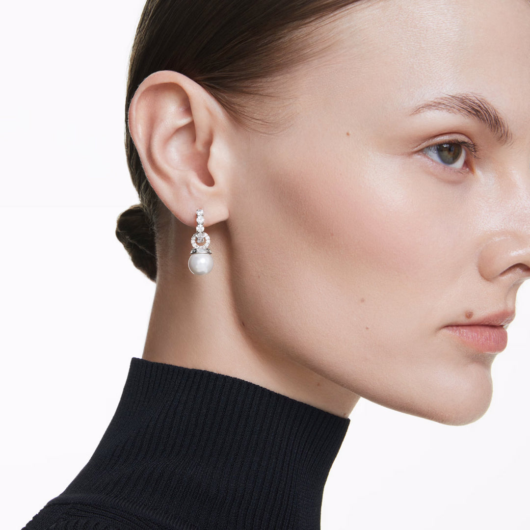 Swarovski Matrix Drop Ohrhänger Kristallperle Rundschliff Weiss Rhodiniert - 5691716