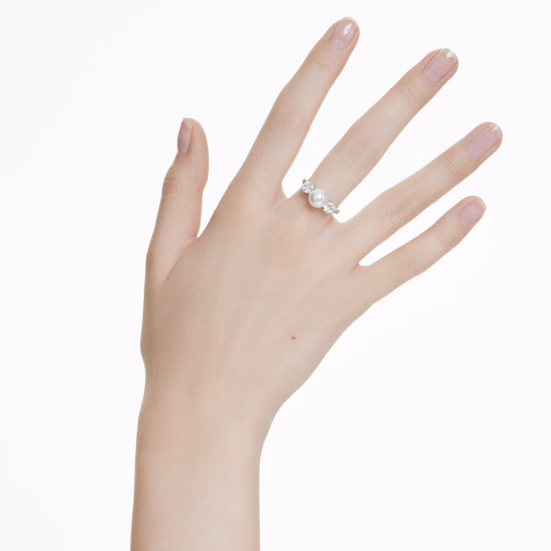 Swarovski Matrix Cocktail Ring Kristallperle Rundschliff Weiss Rhodiniert
