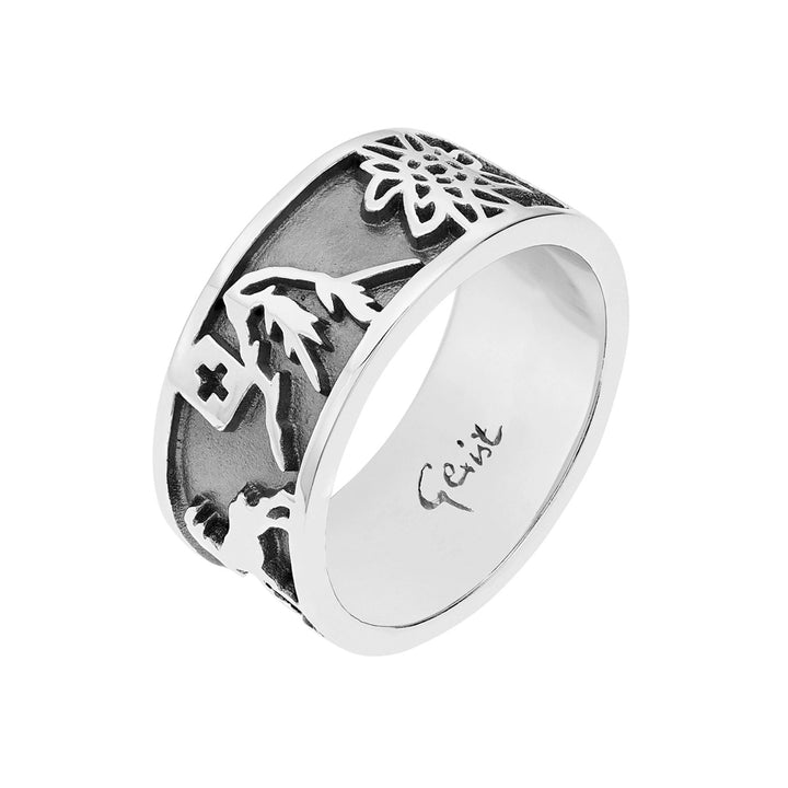 Gexist Swiss Edelweiss Ring Edelweiss Steinbock Matterhorn &amp; Alphorn - R 7002