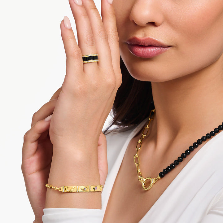 Thomas Sabo Bandring mit schwarzer Kaltemaille und weissen Steinen vergoldet - TR2446-565-11