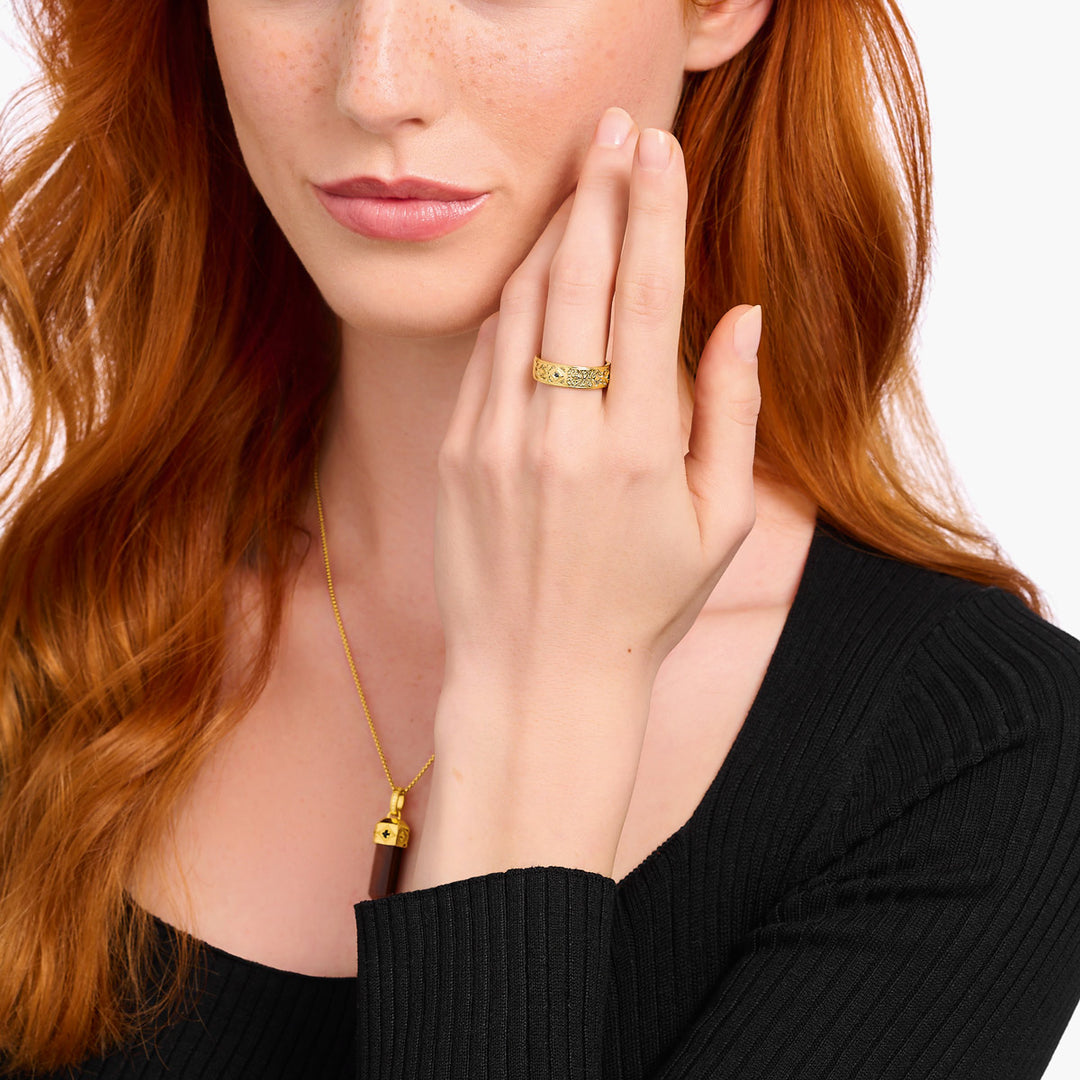 Thomas Sabo Bandring mit schwarzen Steinen und Muster vergoldet - TR2455-414-39