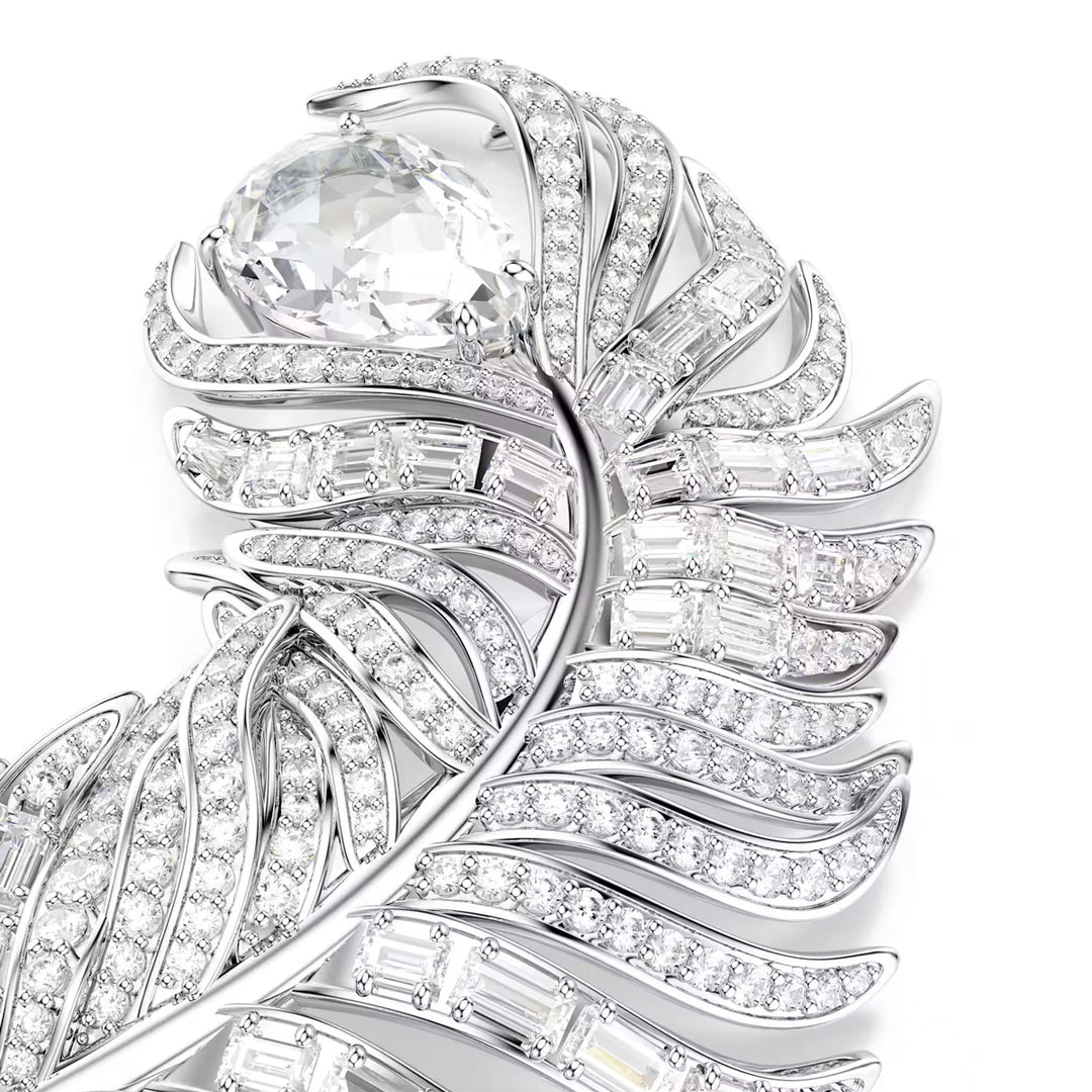 Swarovski Vienna Brosche Verschiedene Schliffe Feder Weiss Rhodiniert - 5741558