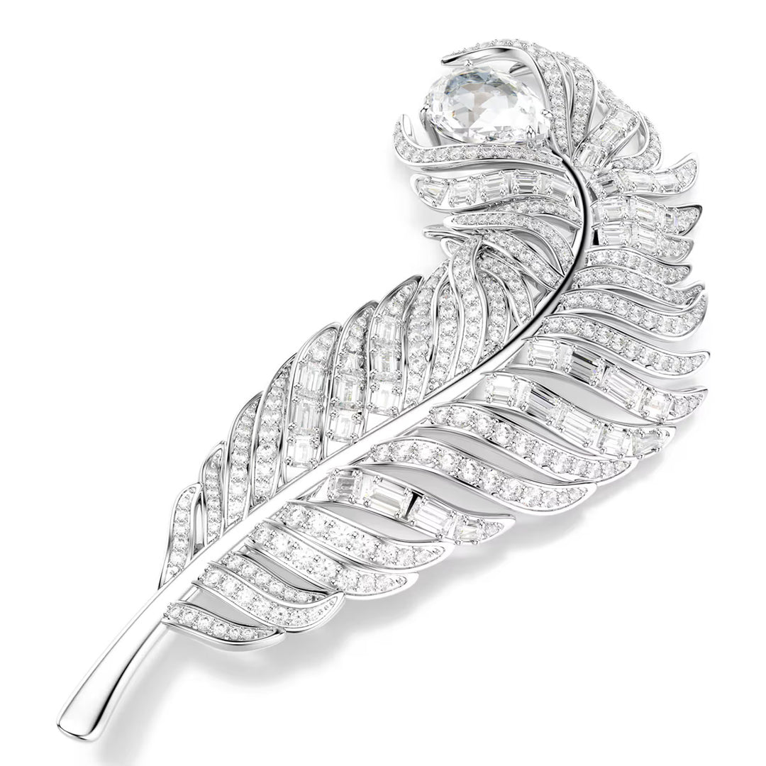 Swarovski Vienna Brosche Verschiedene Schliffe Feder Weiss Rhodiniert - 5741558